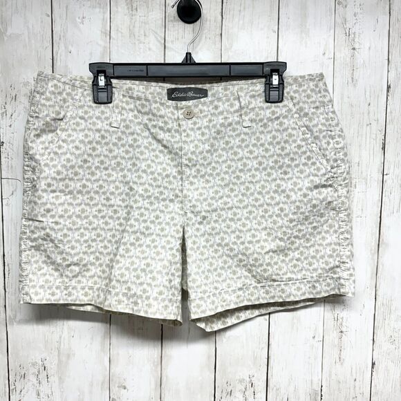 Eddie Bauer Shorts Women Size 12 Chino Mid-Rise 4.5" Inseam Brown Blue Print - Picture 1 of 3